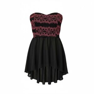 Belinda Women's Strapless Black Pink Lace Hi-Lo Party Cocktail Dress
